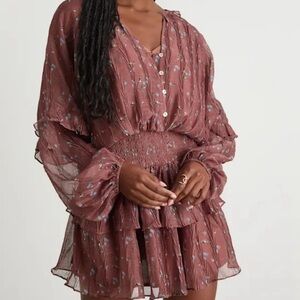 Lulu's Floral Long Sleeve Dress in Brown